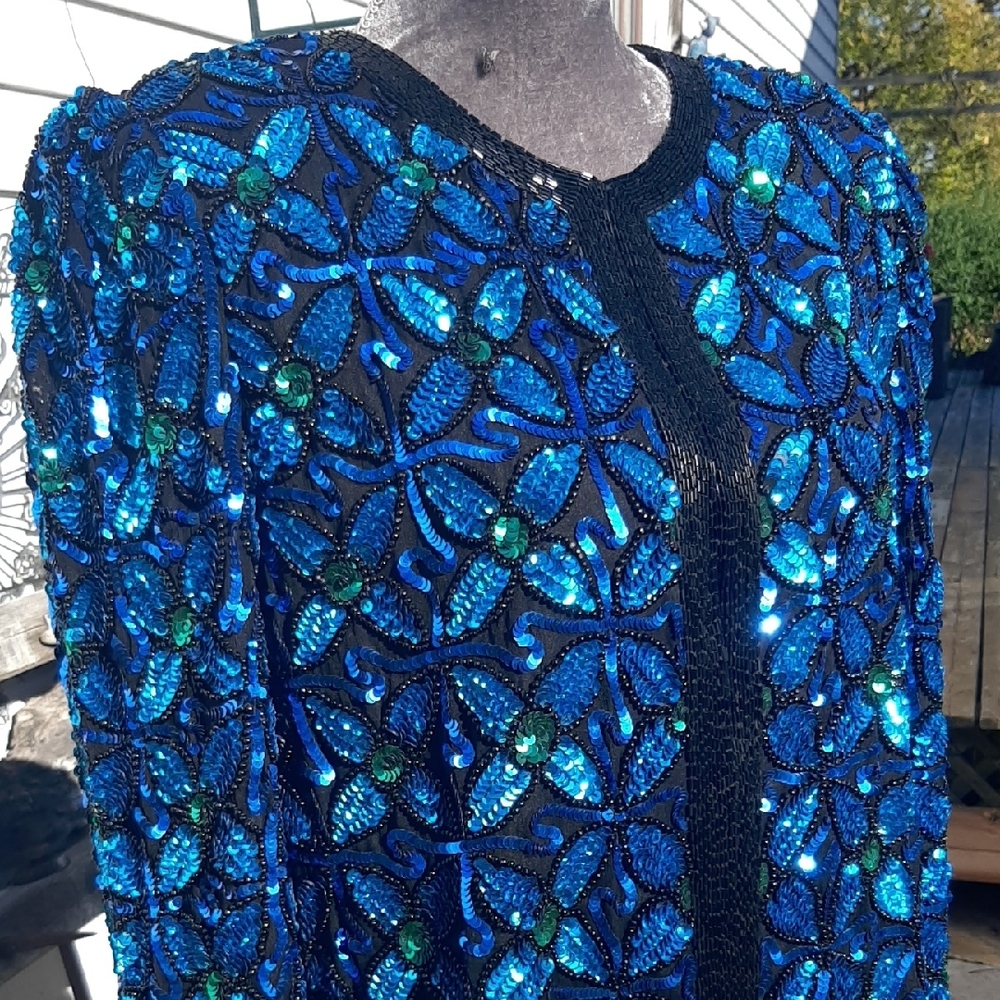 80's Laurence Kazar💙Blue&💚Green Sequin Blazer EUC Size M